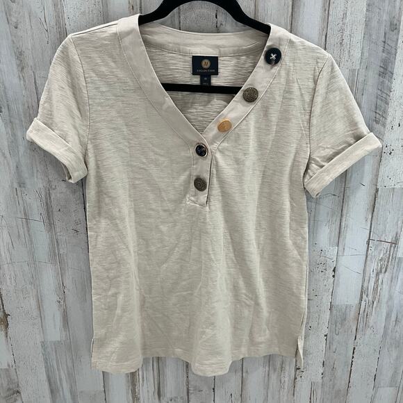 JM Collection Tan Multi Button VNeck Tshirt Cotton Blend Womens Size XS - Picture 1 of 8